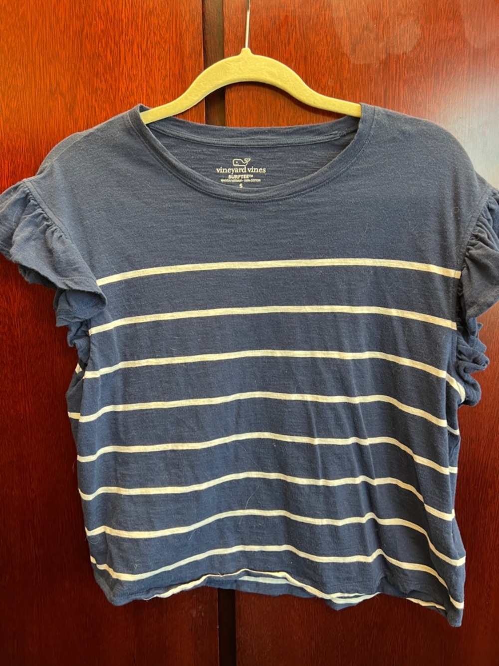 Vineyard Vines Navy and White Striped Ruffle Sleeve Tee
